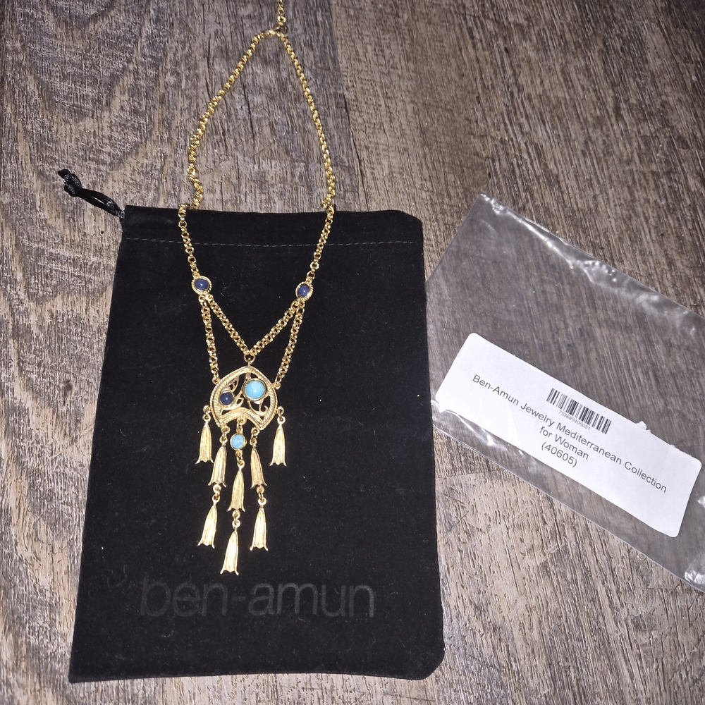 Ben-Amun Vintage Style Mediterranean Gold Necklace with Blue Turquoise Accents - Picture 2 of 3